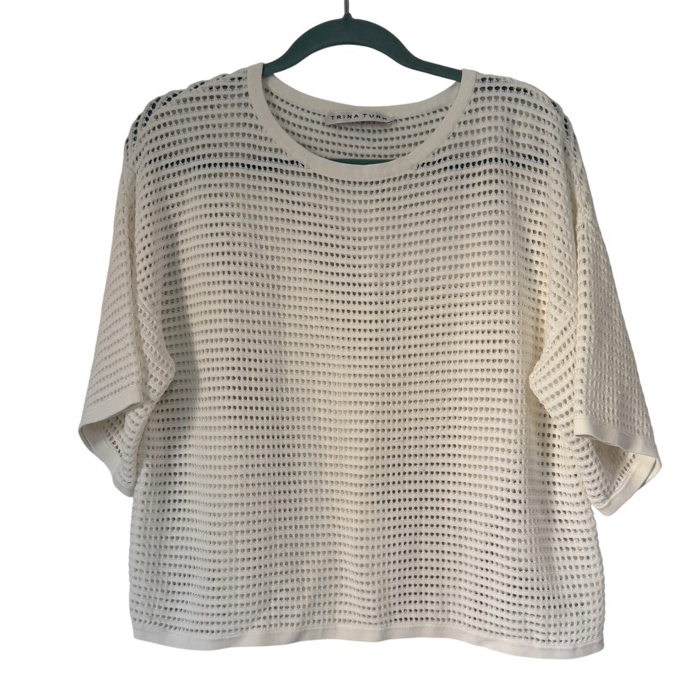 Trina Turk‎ Cream Mesh Open Knit Short Sleeve Boxy Top Womens Medium Large